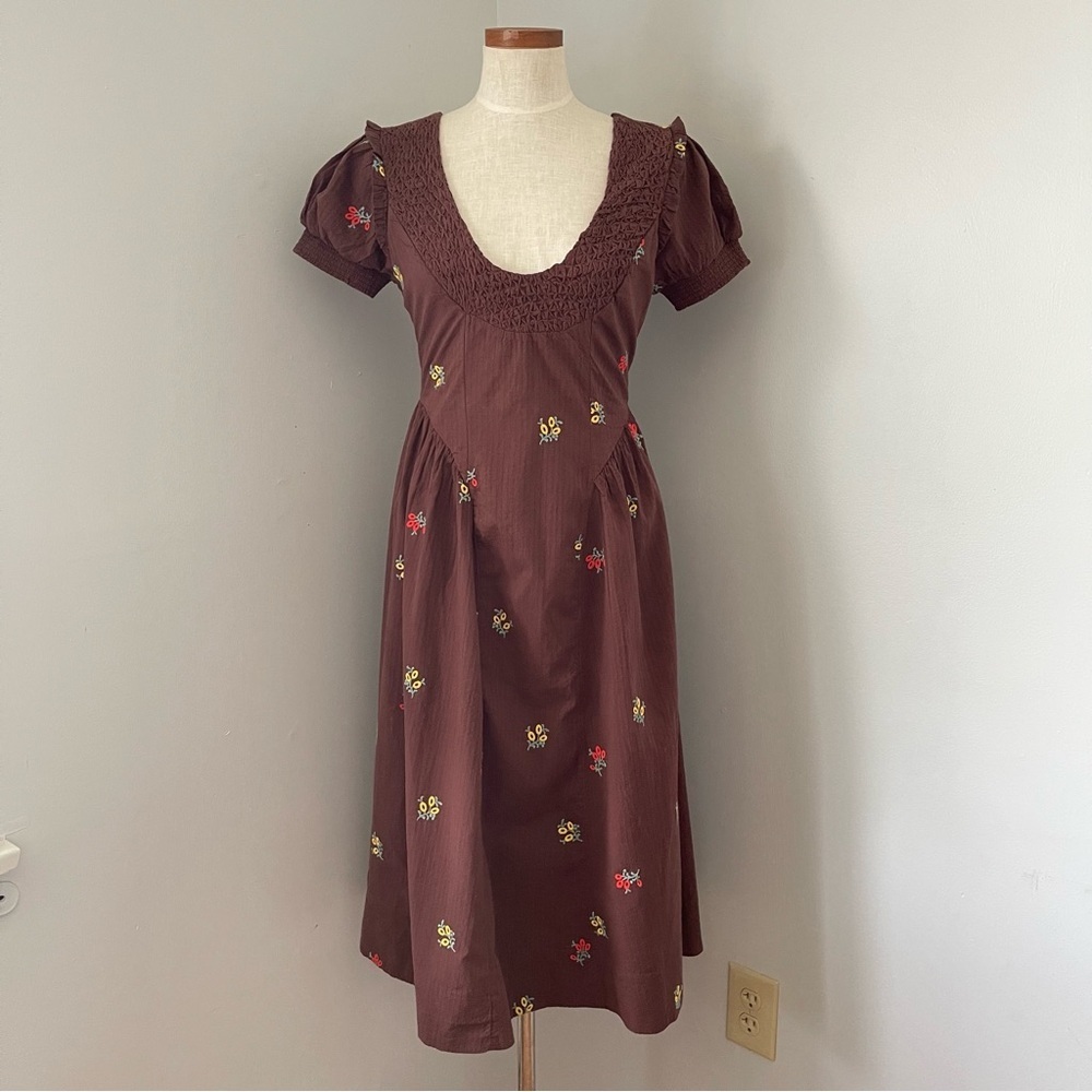 Prairie Core Free People Brown Maisie midi dress NWOT size Small embroidered